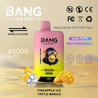 Immagine pubblicitaria per Bang Leader 45K Puffs Vape che mostra il dispositivo ricaricabile con un design sfumato rosa e giallo raffigurante uno scimpanzé, evidenziando 45.000 tiri, doppi aromi Pineapple Ice e Triple Mango e specifiche come la ricarica Type-C, la batteria da 650 mAh e la tecnologia Dual Mesh.