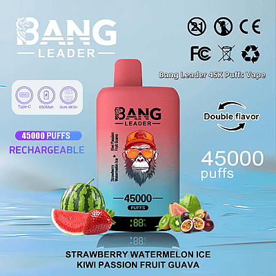 Pubblicità per il dispositivo di svapo ricaricabile Bang Leader con una capacità di 45.000 tiri, che presenta due gusti, ovvero ghiaccio alla fragola, anguria e kiwi, frutto della passione e guava, insieme a immagini di ghiaccio, angurie, fragole, kiwi, guaiave e frutti della passione.