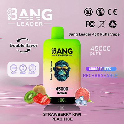 Immagine promozionale per il dispositivo di svapo Bang Leader con aromi di fragola, kiwi e pesca ghiacciata, 45.000 tiri, design ricaricabile, tecnologia dual mesh e compatibilità con Type-C.