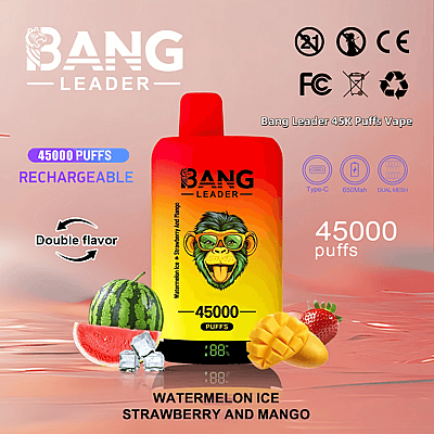 Immagine promozionale per il dispositivo di svapo Bang Leader con 45.000 tiri, capacità ricaricabile, doppio gusto di anguria ghiacciata e fragola e mango, con caratteristiche del prodotto e dettagli del marchio.