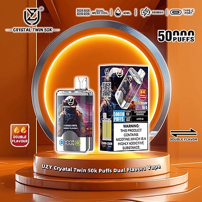 Image promotionnelle du UZY Crystal Twin 50K Puffs Dual Flavors Vape présentant sa conception et son emballage compacts, mettant en évidence des caractéristiques clés telles que la bobine à double maille, le port de charge de type C et la capacité de 50 000 bouffées avec deux saveurs, sur un fond orange vif.