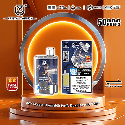 Image promotionnelle présentant l'appareil de vapotage UZY Crystal Twin 50k Puffs, avec deux saveurs et des spécifications clés mises en évidence, dans un design futuriste sur le thème de l'orange.