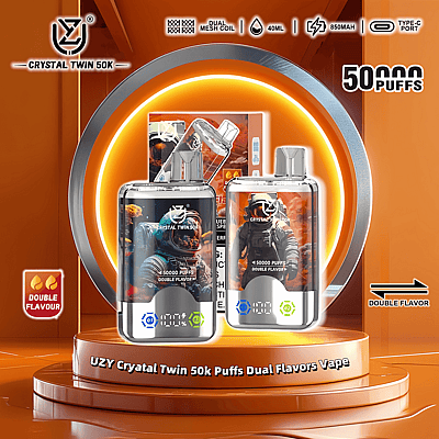 Promotional graphic displaying two UZY Crystal Twin 50k Puffs Dual Flavor Vape devices, featuring astronaut-themed designs and product specifications, set on an orange background.