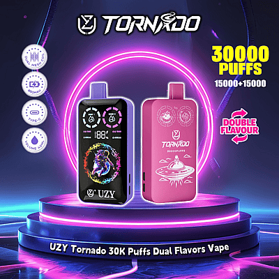 Promotional image of UZY Tornado 30K Puffs Dual Flavors Vape, showcasing two vape devices with futuristic designs, featuring dual flavors, Type-C charging, and up to 30,000 puffs.
