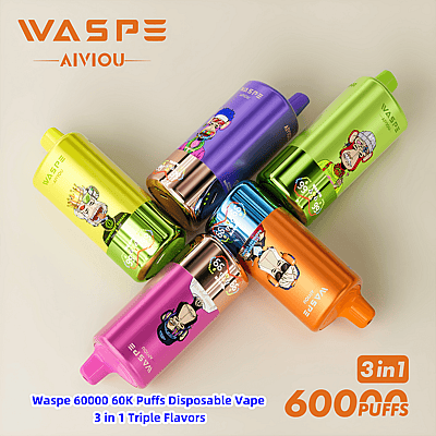 Een reeks levendige wegwerp-vapes met het label Waspe Aiwo, in cartoon-stijl en felle kleuren, met tekst die 60.000 trekjes en drievoudige smaken aangeeft.