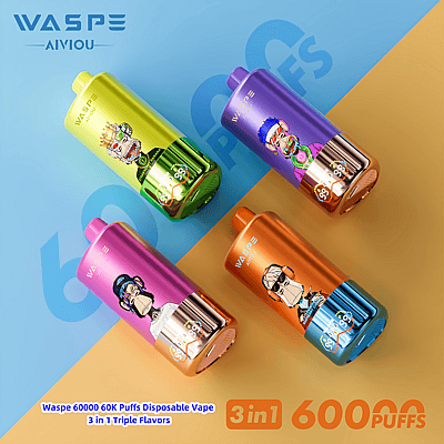Vier kleurrijke Waspe wegwerp-vapes, elk met een cartoonfiguurontwerp, worden weergegeven op een blauw-oranje achtergrond en promoten 60.000 trekjes en 3-in-1 drievoudige smaken.
