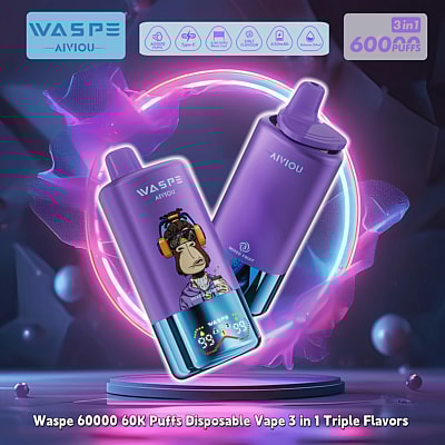 Werbebild, das den Waspe 60000 Einweg-Vaporizer in Lila mit Funktionen wie 60.000 Zügen, Typ-C-Ladefunktion, drei Geschmacksrichtungen und 650 mAh Kapazität zeigt, mit lebendigen Grafiken und einer illustrierten Figur, die Kopfhörer auf dem Gerät trägt.