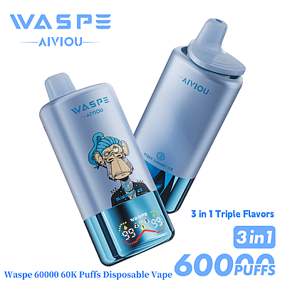 Twee lichtblauwe wegwerp-vapes met het label "Waspe Aiviou" en een cartoon-illustratie van een aap. Goed voor 60.000 trekjes met drie smaken en een smaakindicator aan de onderkant.