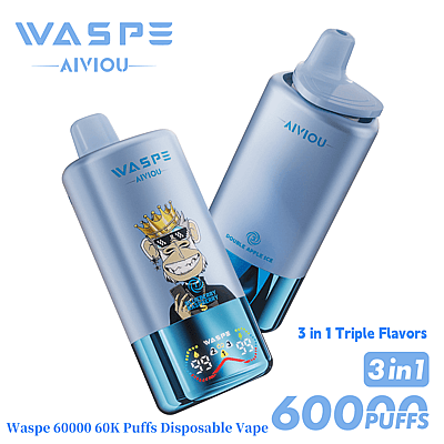 Twee blauwe Waspe Aivou wegwerp-vapes met een capaciteit van 60.000 trekjes, met een cartoon-aap met een kroon en een zonnebril, en opties qua smaak, waaronder Double Apple Ice en Raspberry Cherry Ice.