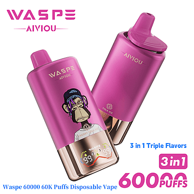 Twee Waspe Aivio wegwerp-vape-apparaten in levendige roze kleuren, met een gestileerd graffiti-achtig chimpansee-ontwerp, drievoudige smaken en een display dat de 60.000 trekjes aangeeft.