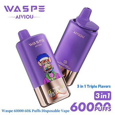 Purple Waspe AIVIOU wegwerp-vape met een cartoon-achtig apendesign, goed voor 60.000 trekjes met drievoudige smaken: aardbei, framboos en kers.