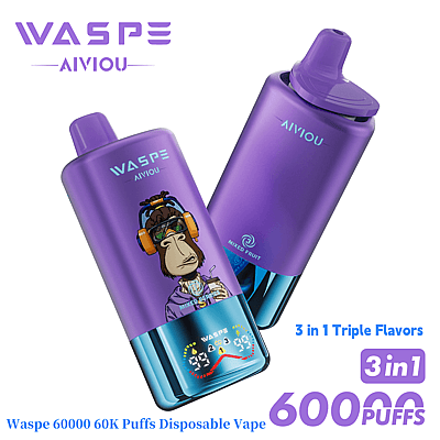 Twee paarse wegwerp-vape-apparaten van Waspe Aiviou, met een cartoon-aap met koptelefoon en zonnebril, ontworpen om 60.000 trekjes te bieden met de mogelijkheid om een gemengde fruitsmaak en een drievoudige smaak te kiezen.