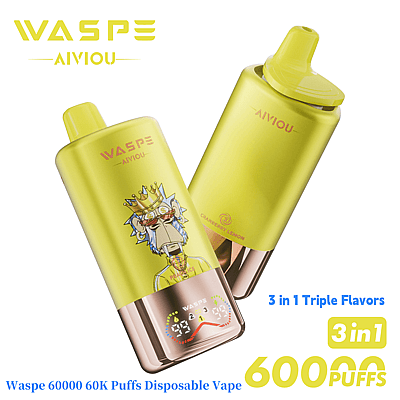 Twee wegwerp-vape-apparaten van Waspe Aiviou in het geel met een cartoon-aapje met een kroon, goed voor 60.000 trekjes en 3-in-1 drievoudige smaken, waaronder cranberry en citroen.