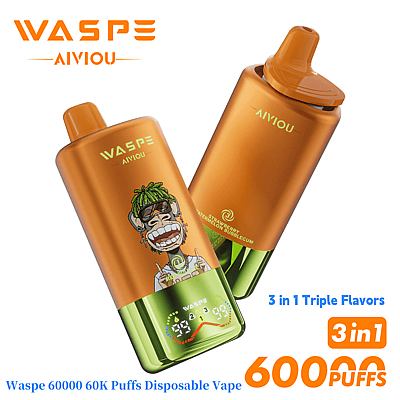 Twee oranje en groene Waspe Aivyou wegwerp-vapes met een cartoon-aap-illustratie en tekst met 60.000 trekjes en 3-in-1 drievoudige smaken.
