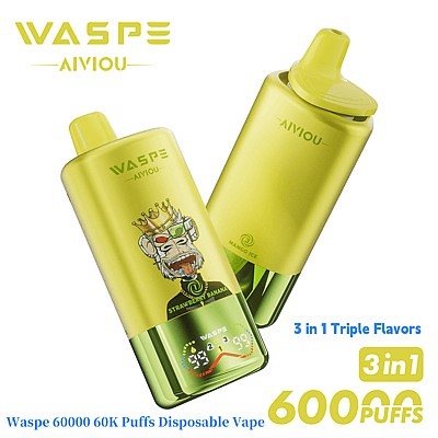Twee wegwerp-vape-apparaten van Waspe Aivyou, waarvan één met een kleurrijke afbeelding van een aap met een kroon en het label aardbei-banaan, en de andere met mango-ijssmaak, met de nadruk op 60.000 trekjes en 3-in-1 drievoudige smaken.