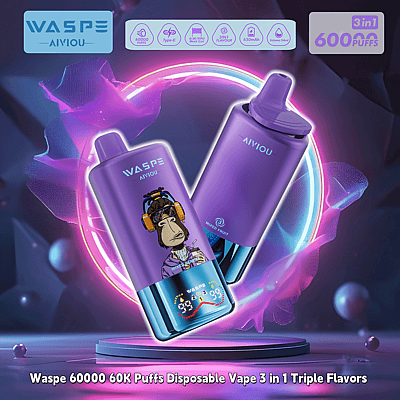 Promotional image showcasing Waspe 60000 disposable vape in purple with features like 60K puffs, type-C charging, triple flavors, and 650mAh capacity, with vibrant graphics and an illustrated character wearing headphones on the device.