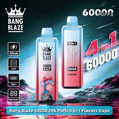 Imagem promocional do vape Bang Blaze mostrando dois dispositivos de vaporização com um fundo futurista, oferecendo 60.000 tragadas e quatro sabores, incluindo Red Bull e Banana Apricot.