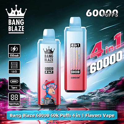 Promotional image for Bang Blaze vape showcasing two vaping devices with a futuristic background, offering 60,000 puffs and four flavors including Red Bull and Banana Apricot.