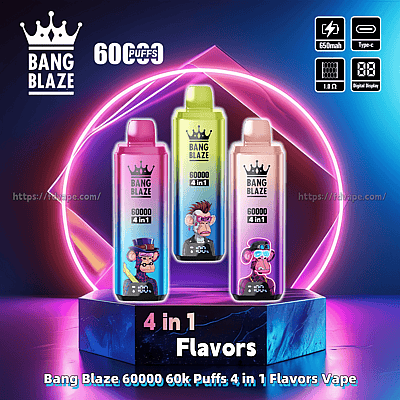 Three colorful 'Bang Blaze 60000 puffs' vape pens with cartoon monkey designs displayed against a futuristic neon backdrop, highlighting 60,000 puffs capacity, 4-in-1 flavors, and featuring a 650mAh battery, Type-C charging, 1.0Ω coil, and digital display.