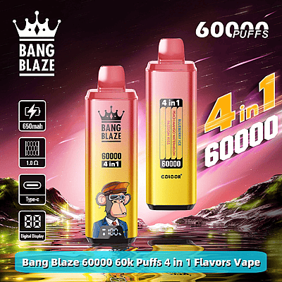 Promotional image of two Bang Blaze vape devices boasting 60,000 puffs, featuring colorful designs including a digital display and a graphic of an ape, with flavor options and specifications like 650mAh battery and Type-C charging highlighted.