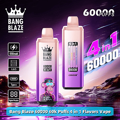 Promotional image for Bang Blaze 60000 Puffs 4-in-1 vape featuring two vape devices with 650mAh battery, Type-C charging, digital display, and flavors including aloe mango melon, blueberry raspberry, grape ice, against a cosmic backdrop.