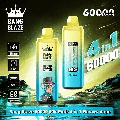 Propaganda do vape Bang Blaze com visor digital e 60.000 tragadas, destacando sabores 4 em 1 e especificações como bateria de 650 mAh e carregamento Tipo C, em um fundo cósmico estilizado.