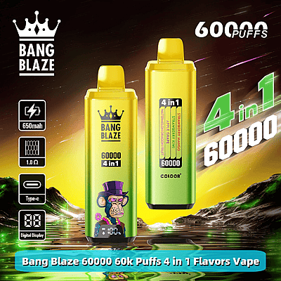 Promotional image of Bang Blaze vape featuring 60000 puffs, 4 flavors in one device, with specifications like 650 mAh battery, Type-C charging, digital display, and colorful design including an illustrated monkey wearing a hat.