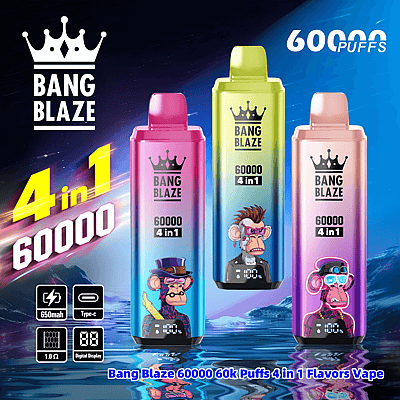 Promotional image featuring Bang Blaze disposable vapes, offering 60,000 puffs, 4-in-1 flavors, with colorful designs and ape-themed graphics.