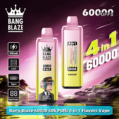 Promotional image for Bang Blaze 60,000 puff vape with 4 flavors, highlighting features like 650mAh battery, 1.0Ω resistance, Type-C charging, and digital display, set against a vibrant, artistic background.