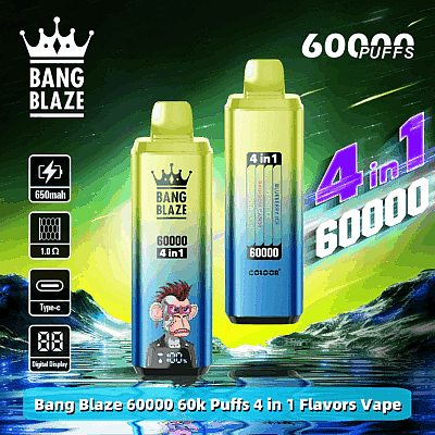 Dois dispositivos de vaporização rotulados como 'Bang Blaze 60000 4 em 1' com visor digital e gráficos incluindo uma ilustração de macaco, cercados por texto destacando recursos como 650mAh, 60k Puffs e sabores como Blueberry Ice.
