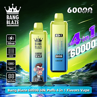 Two vape devices labeled 'Bang Blaze 60000 4 in 1' with a digital display and graphics including a monkey illustration, surrounded by text highlighting features like 650mAh, 60k Puffs, and flavors such as Blueberry Ice.