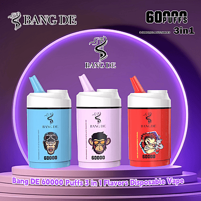 Three Bang DE 60k disposable vape devices with 60,000 puffs displayed on a purple platform, featuring colorful designs including a blurred face, a geometric monkey, and an animated lion head, against a stylized backdrop with text indicating they've three adjustable flavors.