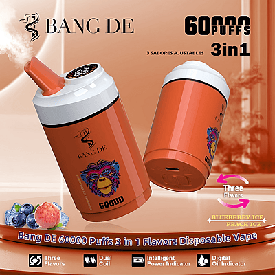 Promotional image of Bang DE disposable vape featuring 60,000 puffs, adjustable three-in-one flavors including blueberry ice and peach ice, and components like dual coil and digital oil indicator on an orange background.