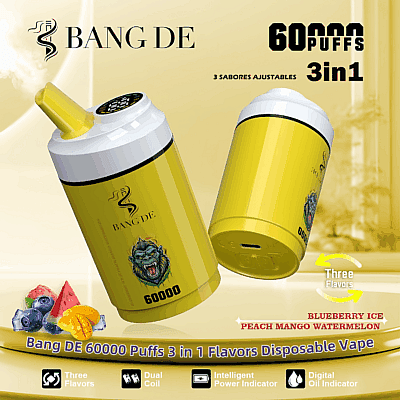 Werbebild des Bang DE 60000 Puffs 3-in-1-Einweg-Vaporizers, der einen gelben Vaporizer mit Doppelspule, intelligenter Betriebsanzeige, digitaler Ölanzeige und einstellbaren Geschmacksrichtungen zeigt: Blaubeereis, Pfirsich-Mango und Wassermelone.