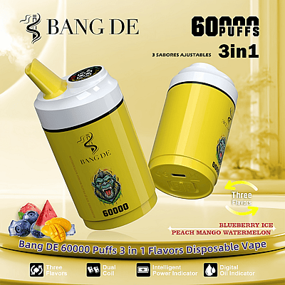 Promotional image of Bang DE 60000 Puffs 3in1 disposable vape, featuring a yellow vape with dual coil, intelligent power indicator, digital oil indicator, and adjustable flavors: blueberry ice, peach mango, and watermelon.