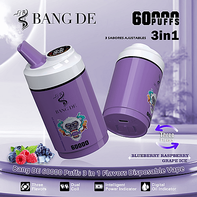 Promotional image of Bang DE disposable vape featuring 60000 puffs, 3-in-1 adjustable flavors including blueberry, raspberry, and grape ice, displayed with the product shown in purple alongside text highlighting features like dual coil and intelligent power indicator.