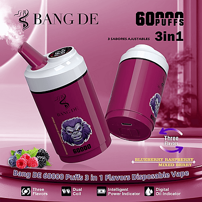 Promotional image of the Bang DE 60000 Puffs 3-in-1 disposable vape featuring three adjustable flavors: blueberry, raspberry, and mixed berry, with dual coil technology and intelligent power indicator.