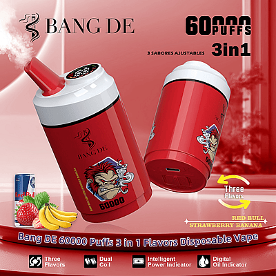 Promotional image for Bang DE disposable vape features a red device with 60000 puffs, offering three flavors including Red Bull, strawberry, and banana, alongside dual coil and digital oil indicator icons.