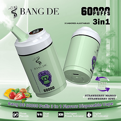 Promotional image for Bang DE 60000 Puffs disposable vape featuring its green design and logo, emphasizing its 3-in-1 adjustable flavors, strawberry mango and strawberry kiwi, with features like dual coil and digital indicators on a green background with fruit illustrations.