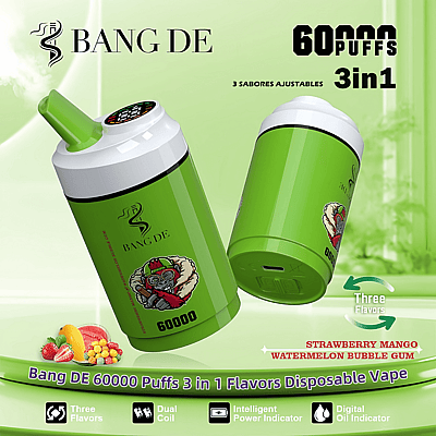 Promotional image of a Bang DE disposable vape featuring 60,000 puffs, three adjustable flavors (strawberry mango, watermelon, bubble gum), displayed in two lime green vape devices with branding and cartoon monkey graphics.