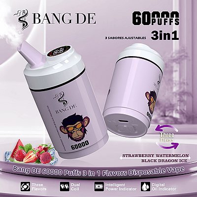 Promotional image of Bang DE disposable vape featuring 60000 puffs, three flavors including strawberry, watermelon, and black dragon ice, with visual elements like the brand logo, flavor icons, and a cartoon monkey face on the device.