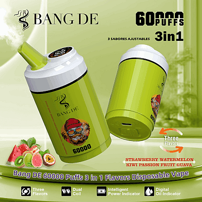 Werbebild der Einweg-E-Zigarette Bang DE im grünen Design, die 60.000 Züge mit drei einstellbaren Geschmacksrichtungen bietet: Erdbeer-Wassermelone, Kiwi-Passionsfrucht und Guave, und Funktionen wie Doppelspule und digitale Anzeigen zeigt.