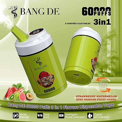 Promotional image of the Bang DE disposable vape featuring a green design, offering 60,000 puffs with three adjustable flavors: strawberry watermelon, kiwi passion fruit, and guava, and showcasing features such as dual coil and digital indicators.