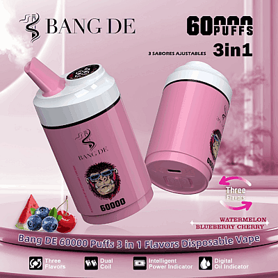 Rosafarbener Einweg-Vaporizer mit Bang DE-Branding, Affenlogo, Kapazität für 60.000 Züge und einstellbaren Geschmacksrichtungen: Wassermelone, Blaubeere und Kirsche.