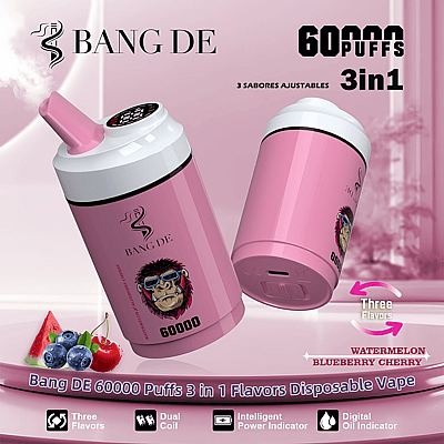 Pink disposable vape with Bang DE branding, featuring a monkey logo, 60000 puffs capacity, and adjustable flavors: watermelon, blueberry, and cherry.