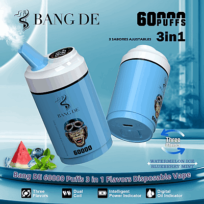 Werbebild für Bang DE 60000 Puffs 3-in-1-Einweg-Vape mit Doppelspule, intelligenter Ladestandsanzeige und drei einstellbaren Geschmacksrichtungen, darunter Wassermeloneneis und Blaubeerminze.