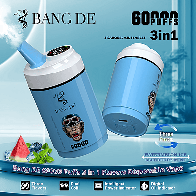 Promotional image for Bang DE 60000 Puffs 3-in-1 disposable vape featuring dual coil, intelligent power indicator, and three adjustable flavors including watermelon ice and blueberry mint.