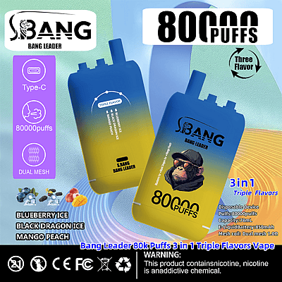 Advertentie voor de S.Bang Bang Leader wegwerp-vape met een capaciteit van 80.000 trekjes in drie smaken: Blueberry Ice, Black Dragon Ice en Mango Peach.