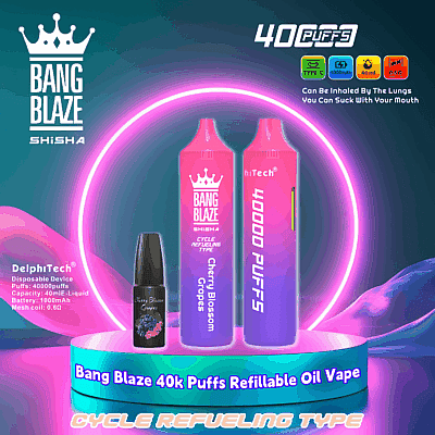 Advertentie voor de Bang Blaze 40.000 puffs navulbare olie-vape, met een roze en paars kleurverloop, met een kersenbloesemdruivensmaak en een e-liquidflesje, uitgelicht door een rond neonlicht en productspecificaties zoals Type-C-opladen en een 1000mAh-batterij.