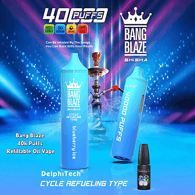 Promotiefoto voor het Bang Blaze Shisha-vapeproduct, met een blauwe vape-pen met het label 'blueberry ice' en '40000 puffs' en een waterpijp op de achtergrond, met de nadruk op oplaadbare en navulbare mogelijkheden.